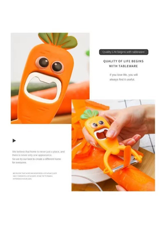 سبيس شوب مقشرة خضروات كرتونية 3 في 1 على شكل جزرة مقشرة فواكه من الفولاذ المقاوم للصدأ متعددة الوظائف مع فتاحة زجاجات مدمجة ومبشرة زنجبيل أداة مطبخ بمقبض مريح غير قابل للانزلاق برتقالي زاهي - Image 2